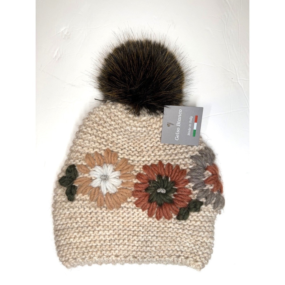 Gelso Bianco Italy Alpaca Wool Blend Floral Knit Beanie Pompom Hat Beige New